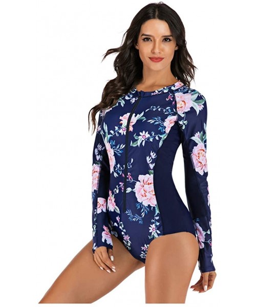 Bottoms Women's One Piece Wetsuit Long Sleeve Zipper Up Swimsuit UV Protection Surfing Diving Swimwear - 03 Navy Floral B - C...