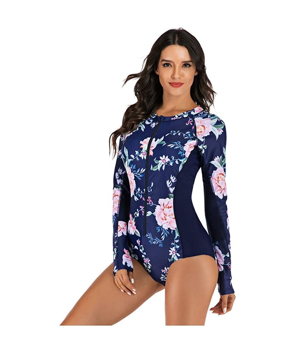 Bottoms Women's One Piece Wetsuit Long Sleeve Zipper Up Swimsuit UV Protection Surfing Diving Swimwear - 03 Navy Floral B - C...