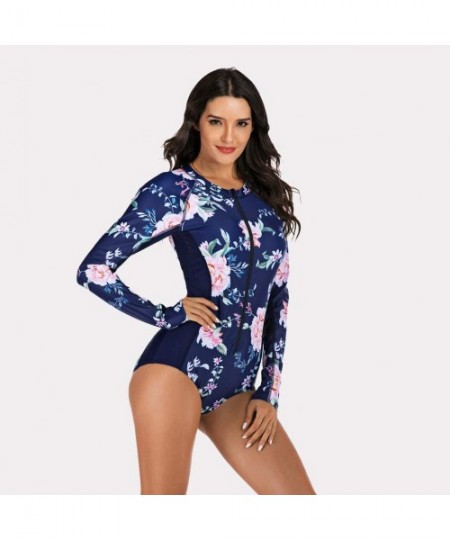 Bottoms Women's One Piece Wetsuit Long Sleeve Zipper Up Swimsuit UV Protection Surfing Diving Swimwear - 03 Navy Floral B - C...