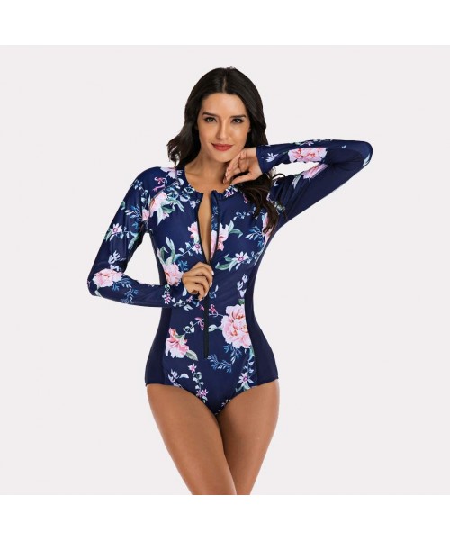 Bottoms Women's One Piece Wetsuit Long Sleeve Zipper Up Swimsuit UV Protection Surfing Diving Swimwear - 03 Navy Floral B - C...