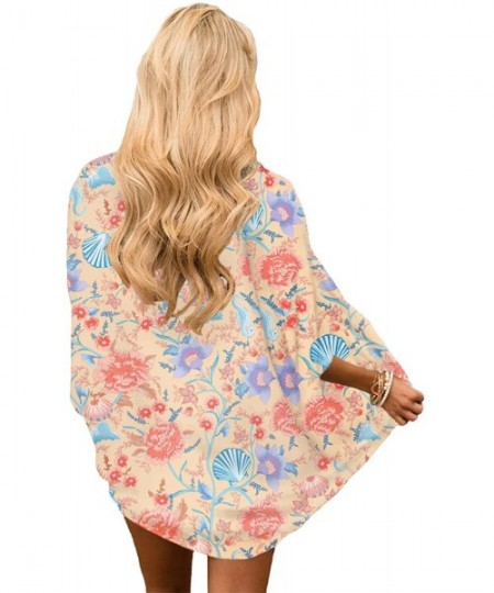 Cover-Ups Women's Batwing Sleeve Floral Chiffon Cardigan Kimono Beachwear Cover Up - Apricotshell9013 - CX198HMD955