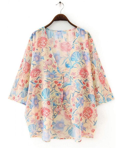 Cover-Ups Women's Batwing Sleeve Floral Chiffon Cardigan Kimono Beachwear Cover Up - Apricotshell9013 - CX198HMD955