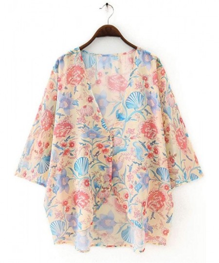 Cover-Ups Women's Batwing Sleeve Floral Chiffon Cardigan Kimono Beachwear Cover Up - Apricotshell9013 - CX198HMD955