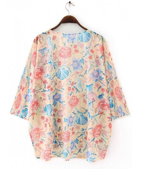 Cover-Ups Women's Batwing Sleeve Floral Chiffon Cardigan Kimono Beachwear Cover Up - Apricotshell9013 - CX198HMD955