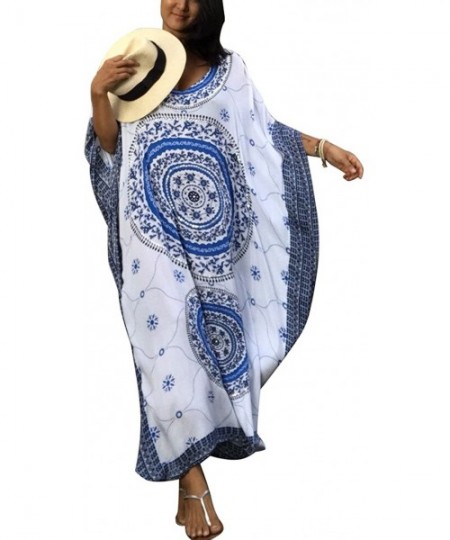 Cover-Ups Women Bathing Suit Cover Up Ethnic Print Kaftan Beach Maxi Dresses - Blue - CG188UNEZA2