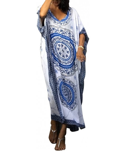 Cover-Ups Women Bathing Suit Cover Up Ethnic Print Kaftan Beach Maxi Dresses - Blue - CG188UNEZA2