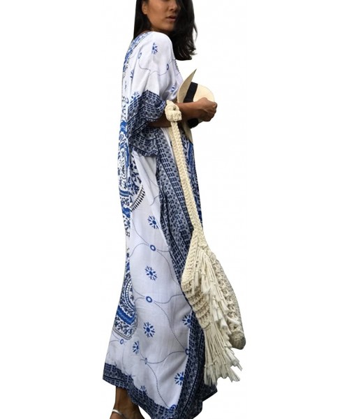 Cover-Ups Women Bathing Suit Cover Up Ethnic Print Kaftan Beach Maxi Dresses - Blue - CG188UNEZA2