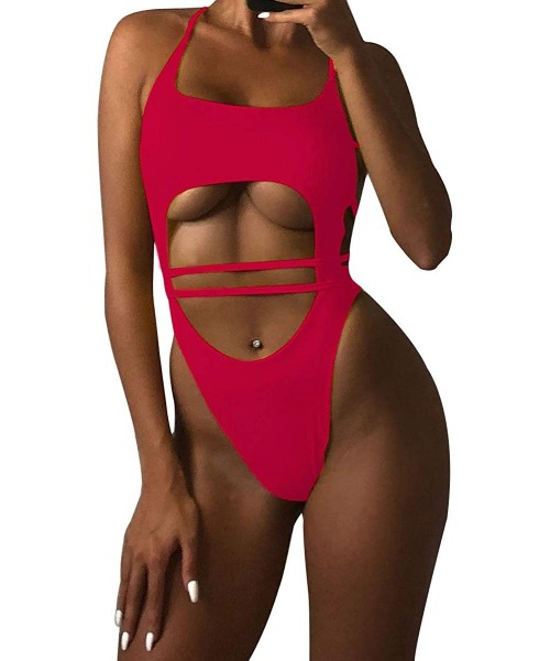 One-Pieces Womens One Piece Swimsuits Boat Neck Cutout Lace Up Criss Cross Back High Cut Swimwear Monokini - Rosy - CB194YIM8NX