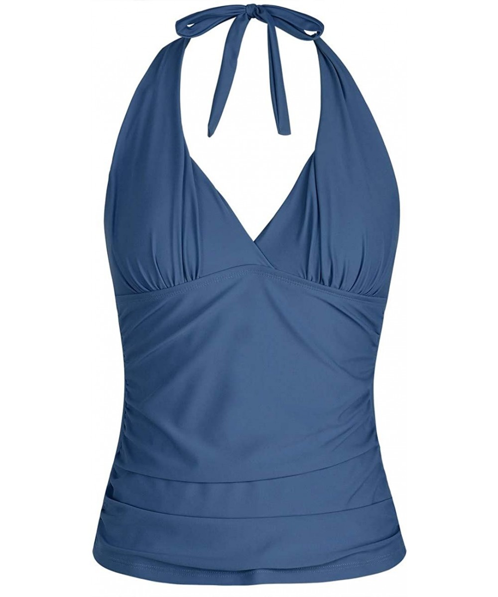 Tankinis Women's Plunging V Neck Halter Swim Tops Shirred Tankini Top - New Version Aquamarine Blue - CZ18T700CTX