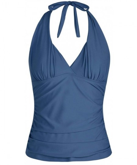 Tankinis Women's Plunging V Neck Halter Swim Tops Shirred Tankini Top - New Version Aquamarine Blue - CZ18T700CTX