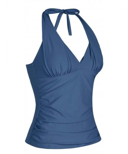 Tankinis Women's Plunging V Neck Halter Swim Tops Shirred Tankini Top - New Version Aquamarine Blue - CZ18T700CTX