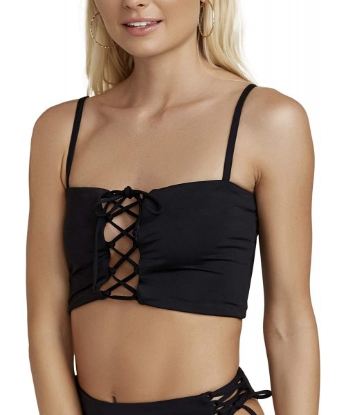 Tops Women's Flirty Lace Up Bandeau Swim Top - Black - CQ18T0HWTG6