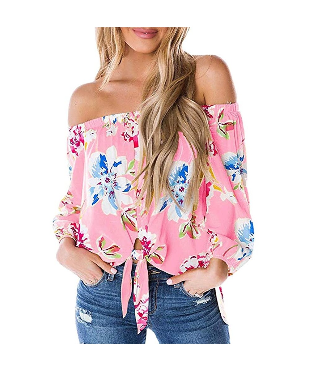 Tankinis Off Shoulder Blouses for Womens- Floral Stripe Bell Sleeve Baggy Tie Knot Tops Casual Shirts - 6 Pink - CH18SINC845