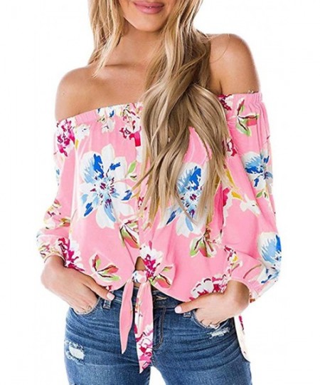 Tankinis Off Shoulder Blouses for Womens- Floral Stripe Bell Sleeve Baggy Tie Knot Tops Casual Shirts - 6 Pink - CH18SINC845