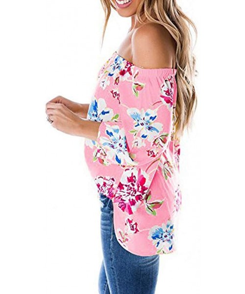 Tankinis Off Shoulder Blouses for Womens- Floral Stripe Bell Sleeve Baggy Tie Knot Tops Casual Shirts - 6 Pink - CH18SINC845