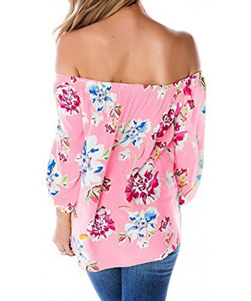 Tankinis Off Shoulder Blouses for Womens- Floral Stripe Bell Sleeve Baggy Tie Knot Tops Casual Shirts - 6 Pink - CH18SINC845