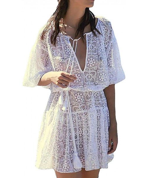 Cover-Ups Women's Sheer Caftan Short Kaftan Dress Swimsuit Beach Cover Up Tunic Top Swimwear - White B - CD18TZGQHLG