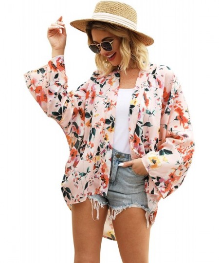 Cover-Ups Women's Fashion Floral Print Kimono Cardigan Open Front Long Tops Loose Cover Ups - S88 - C7196D9O3IG