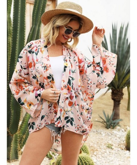 Cover-Ups Women's Fashion Floral Print Kimono Cardigan Open Front Long Tops Loose Cover Ups - S88 - C7196D9O3IG