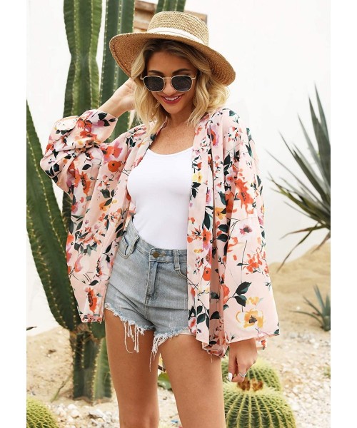 Cover-Ups Women's Fashion Floral Print Kimono Cardigan Open Front Long Tops Loose Cover Ups - S88 - C7196D9O3IG