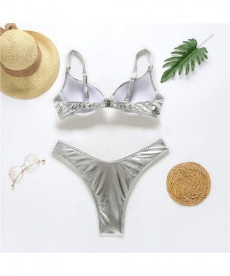 Board Shorts Tummy Control Swimsuits for Women Hollow Out Sexy Patchwork Tankini Set Two Piece Swimsuit - Silver - CX197EK400K