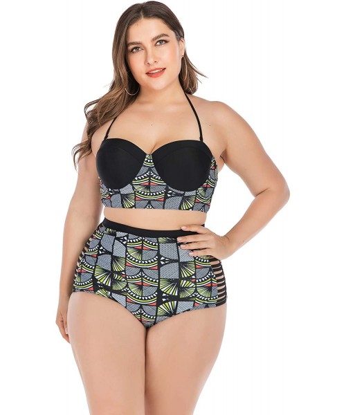 Sets Womens Plus Size Bikini Set Swimwear Swimsuits Bathing Suits Rash Guard - Black Round Pattern - C618Y2GZN5L