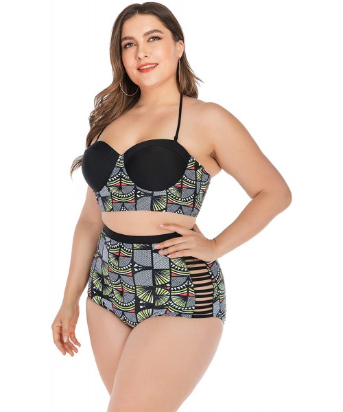 Sets Womens Plus Size Bikini Set Swimwear Swimsuits Bathing Suits Rash Guard - Black Round Pattern - C618Y2GZN5L