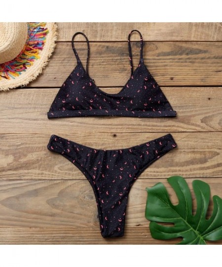 Sets Women's Printed Scoop Neck Padded Brazilian Thong Bikini High Cut Bathing Suits - Navy - CG194GK8G32