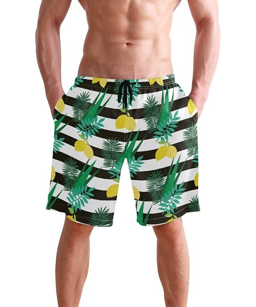 Board Shorts Mens Swim Trunks Yellow Lemon Leaves White Black Stripes Beach Board Shorts - CZ18LSU4L0T