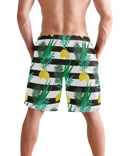 Board Shorts Mens Swim Trunks Yellow Lemon Leaves White Black Stripes Beach Board Shorts - CZ18LSU4L0T