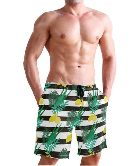 Board Shorts Mens Swim Trunks Yellow Lemon Leaves White Black Stripes Beach Board Shorts - CZ18LSU4L0T