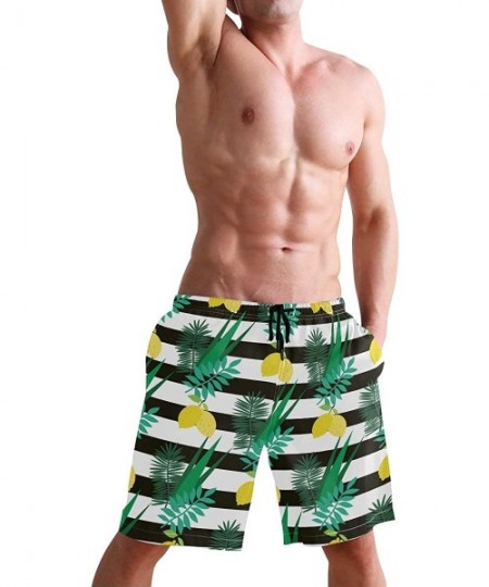 Board Shorts Mens Swim Trunks Yellow Lemon Leaves White Black Stripes Beach Board Shorts - CZ18LSU4L0T