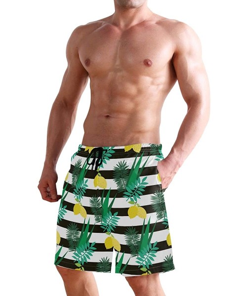 Board Shorts Mens Swim Trunks Yellow Lemon Leaves White Black Stripes Beach Board Shorts - CZ18LSU4L0T