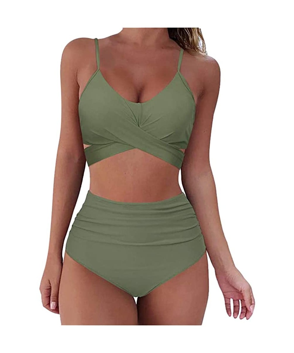 Sets Women Swimsuit High Waist Sexy Cross V Neck 2 pc Bikini Sets Swimmear Beachwear - Army Green - CM19D8LOTN5