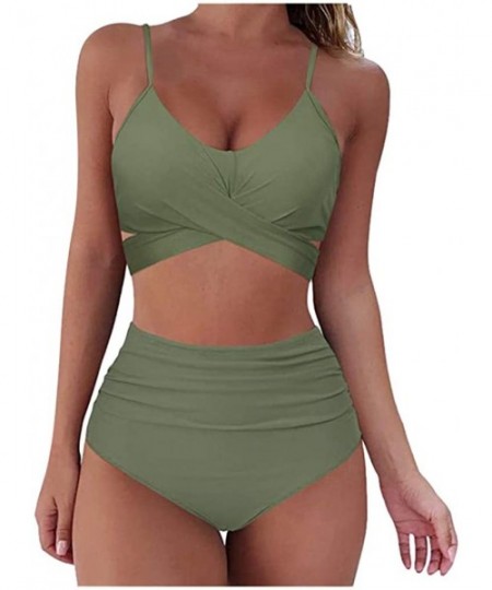 Sets Women Swimsuit High Waist Sexy Cross V Neck 2 pc Bikini Sets Swimmear Beachwear - Army Green - CM19D8LOTN5