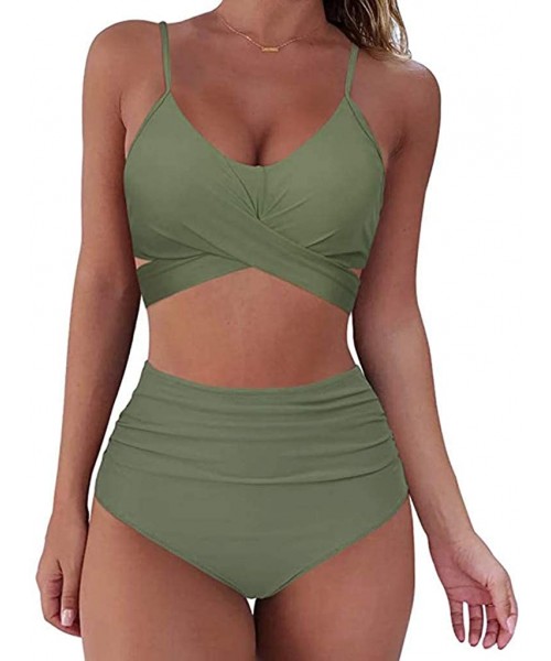 Sets Women Swimsuit High Waist Sexy Cross V Neck 2 pc Bikini Sets Swimmear Beachwear - Army Green - CM19D8LOTN5