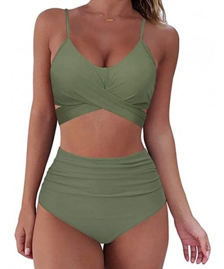 Sets Women Swimsuit High Waist Sexy Cross V Neck 2 pc Bikini Sets Swimmear Beachwear - Army Green - CM19D8LOTN5