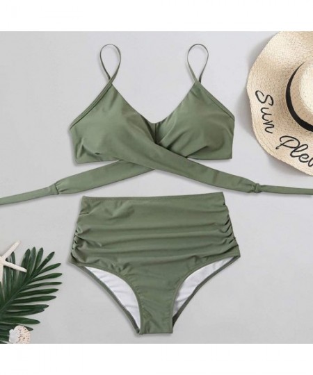 Sets Women Swimsuit High Waist Sexy Cross V Neck 2 pc Bikini Sets Swimmear Beachwear - Army Green - CM19D8LOTN5