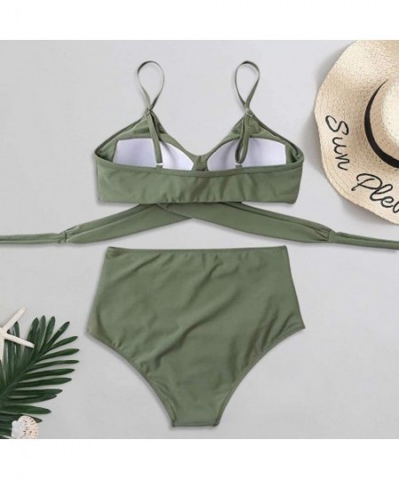 Sets Women Swimsuit High Waist Sexy Cross V Neck 2 pc Bikini Sets Swimmear Beachwear - Army Green - CM19D8LOTN5