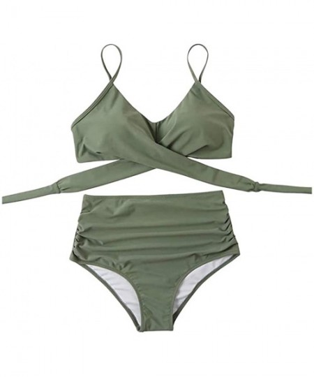 Sets Women Swimsuit High Waist Sexy Cross V Neck 2 pc Bikini Sets Swimmear Beachwear - Army Green - CM19D8LOTN5