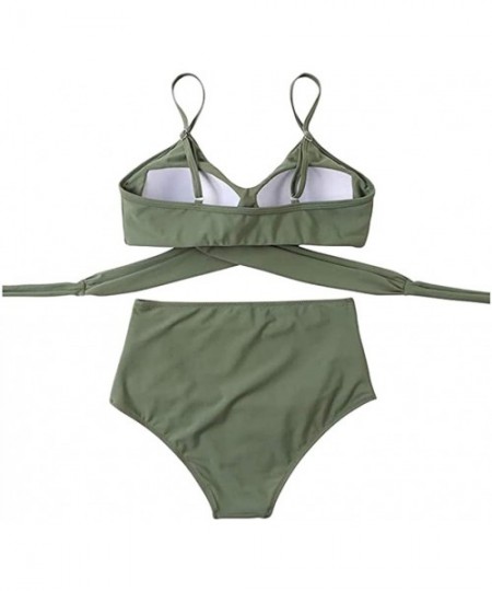 Sets Women Swimsuit High Waist Sexy Cross V Neck 2 pc Bikini Sets Swimmear Beachwear - Army Green - CM19D8LOTN5