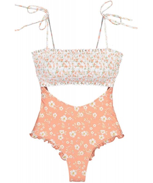 One-Pieces Women's High Waisted Cut Out One Piece Swimsuit Cute Ruffle Printed Monokini Bathing Suits - Orange - CX18SKWGM6E